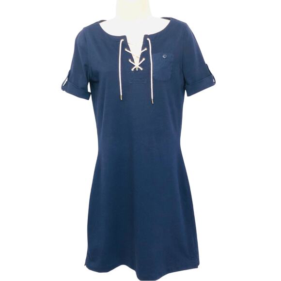 Ralph Lauren Jeans Co Navy Knit Shift Dress Lace Up V Neck Short Tab Sleeves - Picture 14 of 16
